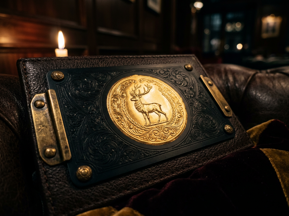 The League member seal — gold stag emblem on black leather